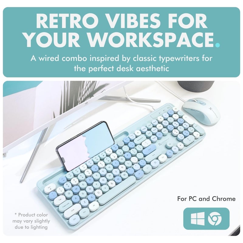 X9 Performance X9 Wired Keyboard and Mouse Combo with Backlight - Retro Typewriter Round Keycaps, Phone/Tablet Dock, 109 Fullsize Keys, Cute Colorful Blue Keyboard, Pastel Keyboard for Laptop, PC and Chromebook - Image 5