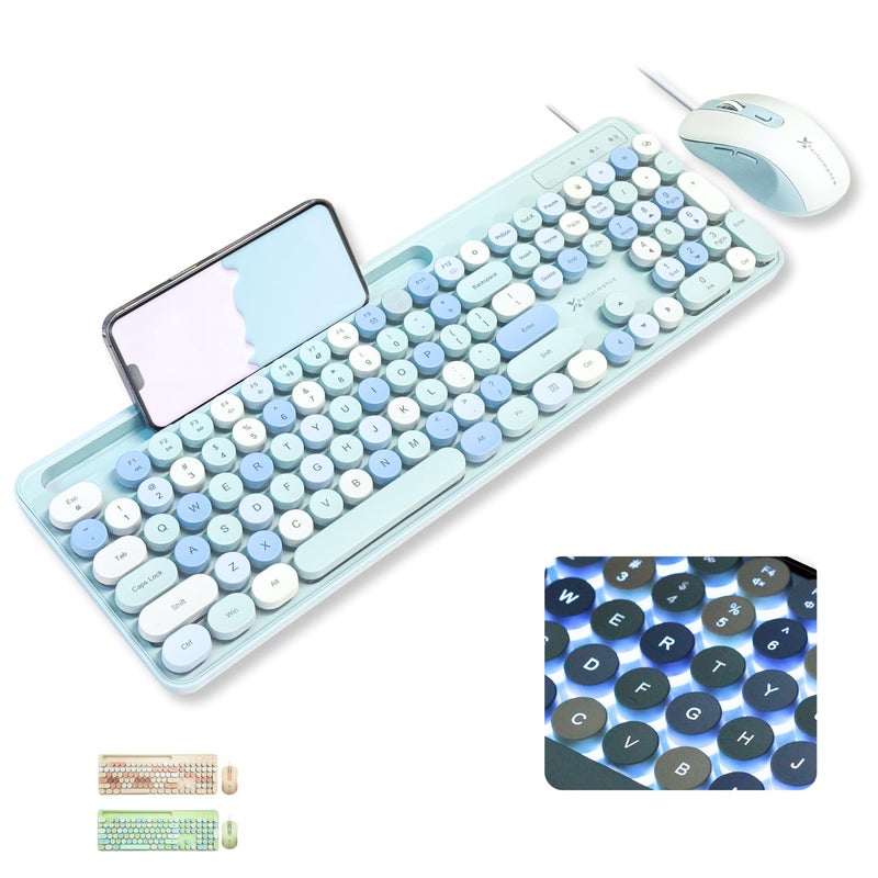 X9 Performance X9 Wired Keyboard and Mouse Combo with Backlight - Retro Typewriter Round Keycaps, Phone/Tablet Dock, 109 Fullsize Keys, Cute Colorful Blue Keyboard, Pastel Keyboard for Laptop, PC and Chromebook - Image 1