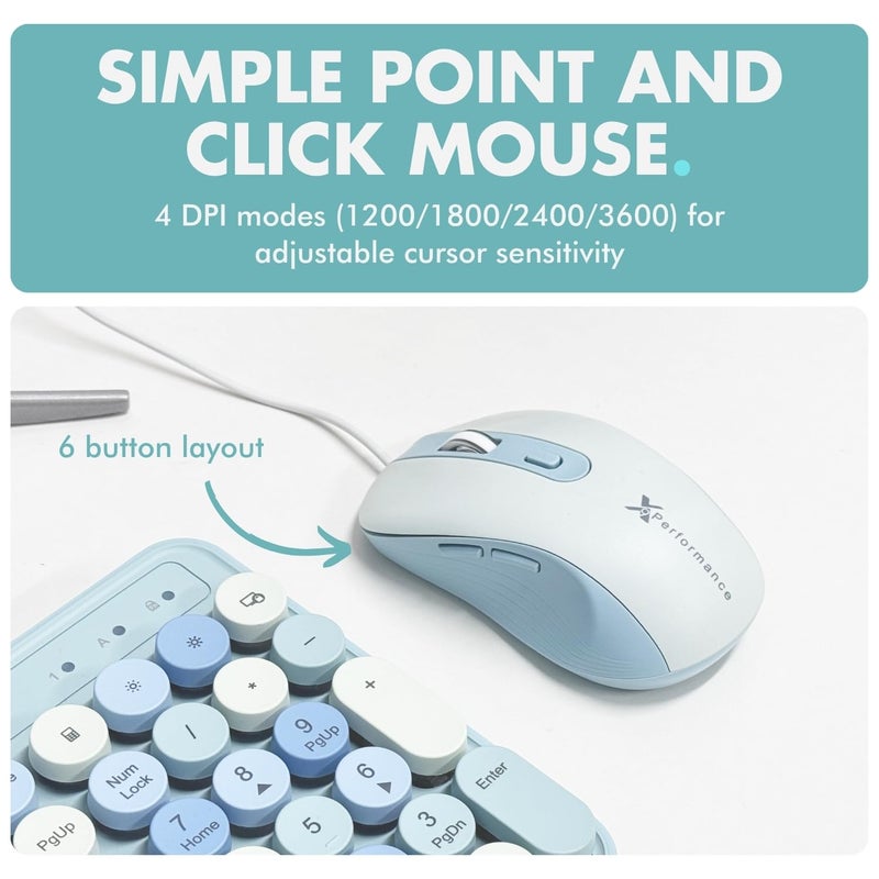 X9 Performance X9 Wired Keyboard and Mouse Combo with Backlight - Retro Typewriter Round Keycaps, Phone/Tablet Dock, 109 Fullsize Keys, Cute Colorful Blue Keyboard, Pastel Keyboard for Laptop, PC and Chromebook - Image 3