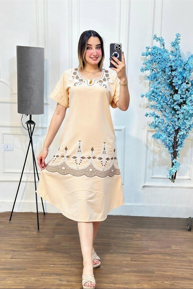 Women's embroidered summer home jalabiya - half sleeves, below the knee length - soft cotton material - size 1 (60-85 kg) and size 2 (85-120 kg) - cheerful summer colors  - Image 2
