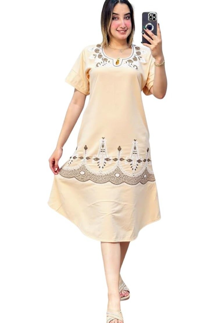 Women's embroidered summer home jalabiya - half sleeves, below the knee length - soft cotton material - size 1 (60-85 kg) and size 2 (85-120 kg) - cheerful summer colors  - Image 1