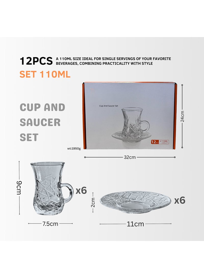 Feelings Glass Tea Cup and Saucer Set, 12 Pieces, 110 ML  - Image 2