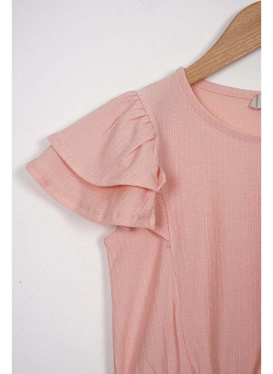 WEWE - Crew Neck Ruffle Sleeves Frilled Sleeve Edges Elastic Waist Legs Powder Color Girl's Two Piece Set - Image 1