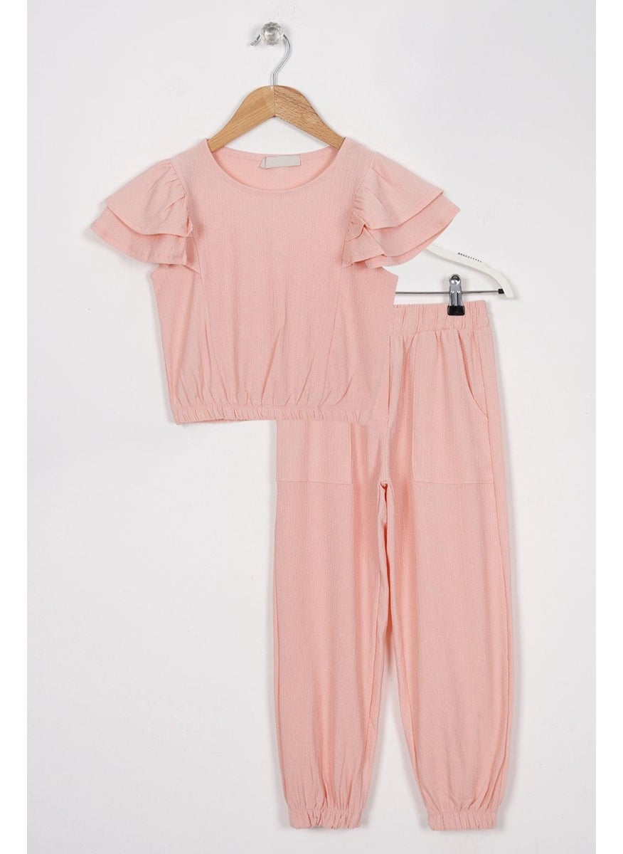 WEWE - Crew Neck Ruffle Sleeves Frilled Sleeve Edges Elastic Waist Legs Powder Color Girl's Two Piece Set - Image 1