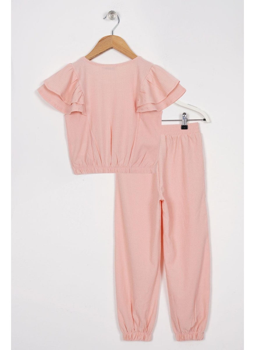 WEWE - Crew Neck Ruffle Sleeves Frilled Sleeve Edges Elastic Waist Legs Powder Color Girl's Two Piece Set - Image 1