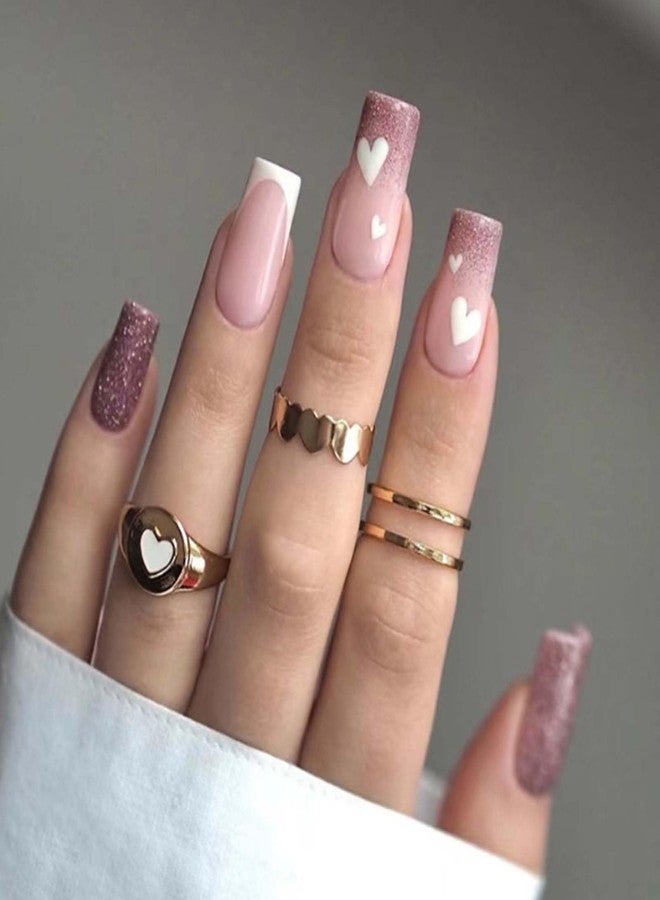 YoYoee French Nails Tips Medium Square False Nails Valentines Nails Press on Nails Full Cover Gradient Fake Nails for Women and Girls 24PCS - Image 1