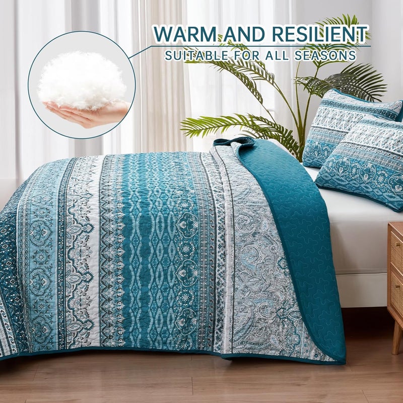 WONGS BEDDING مجموعة أغطية الأسرّة بأسلوب البوهو من WONGS، حجم كامل، لون أزرق فاتح، مجموعة أغطية أسرّة بأسلوب البوهو�� غطاء سرير خفيف وناعم جدًا قابل للتحويل، مناسب لجميع المواسم، مقاس 90" × 78" (3 قطعة) - Image 3