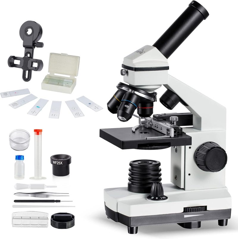 MAXLAPTER Microscope Kit for Kids 8-12 with Prepared Slides, 100-1000X Professional Compound Microscope for Kids Students with Mechanical Stage, Optical Glass Lenses, 10 Slides, Filter, Phone Adapter - Image 1