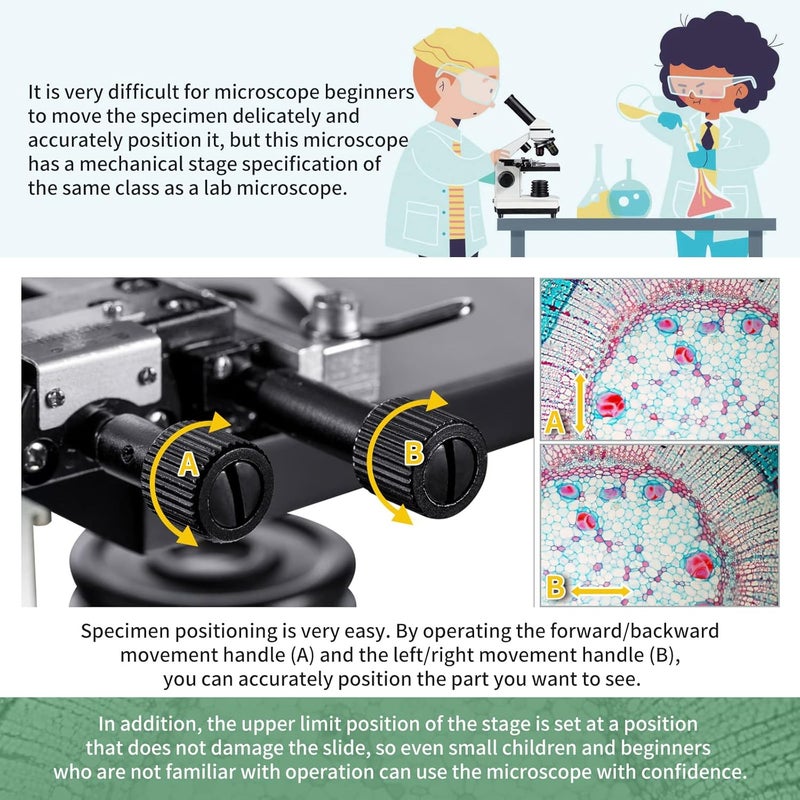 MAXLAPTER Microscope Kit for Kids 8-12 with Prepared Slides, 100-1000X Professional Compound Microscope for Kids Students with Mechanical Stage, Optical Glass Lenses, 10 Slides, Filter, Phone Adapter - Image 2