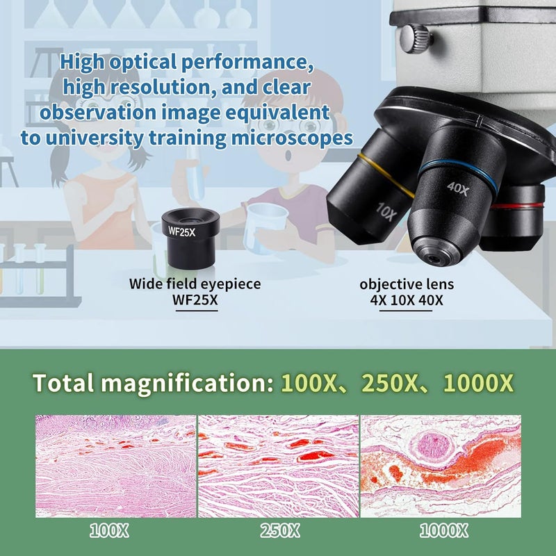 MAXLAPTER Microscope Kit for Kids 8-12 with Prepared Slides, 100-1000X Professional Compound Microscope for Kids Students with Mechanical Stage, Optical Glass Lenses, 10 Slides, Filter, Phone Adapter - Image 5