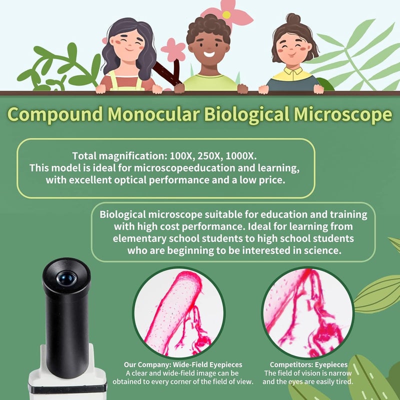 MAXLAPTER Microscope Kit for Kids 8-12 with Prepared Slides, 100-1000X Professional Compound Microscope for Kids Students with Mechanical Stage, Optical Glass Lenses, 10 Slides, Filter, Phone Adapter - Image 4