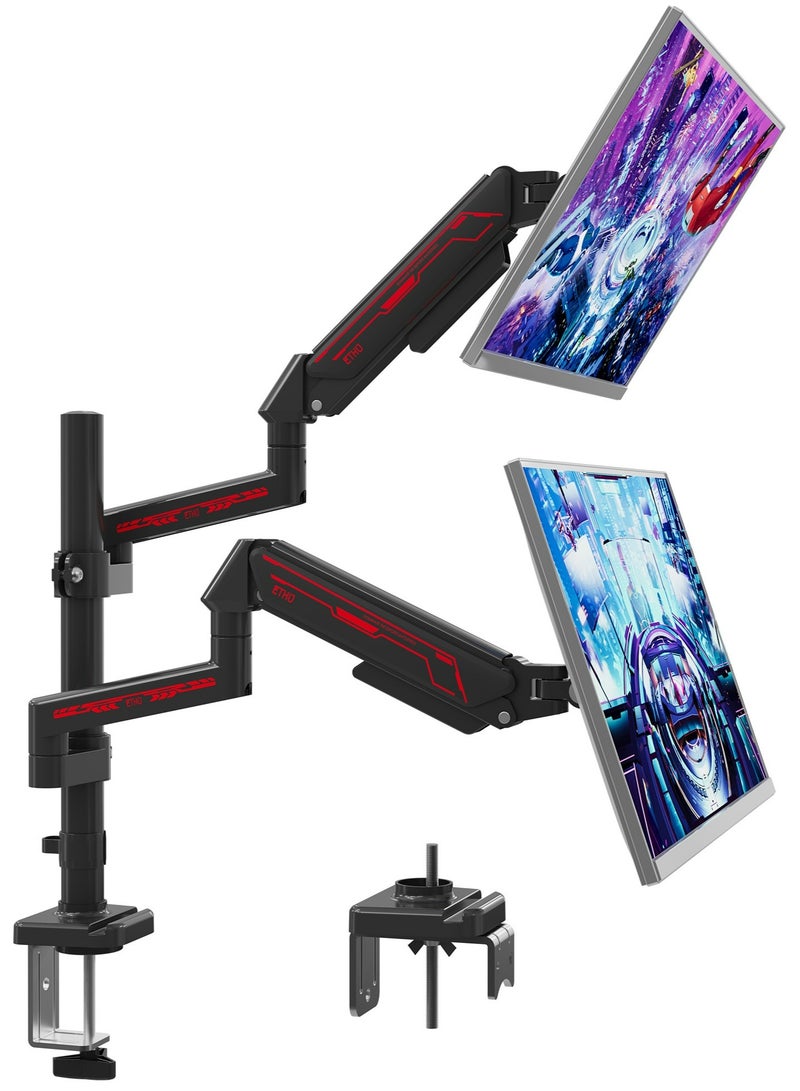ETHU Dual Vertical Monitor Mount for 17-32 inch Screens, Height Adjustable Gas Spring Monitor Stand with 2 Arms, VESA 75x75/100x100, Each Arm Holds 2-9kg, C-Clamp and Grommet Base, Black - Image 1
