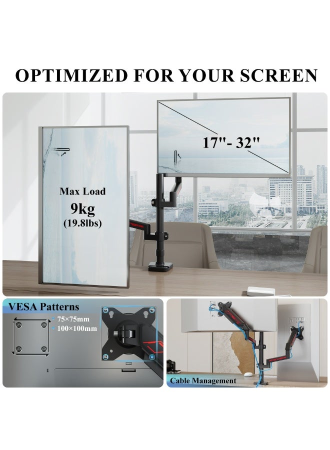 ETHU Dual Vertical Monitor Mount for 17-32 inch Screens, Height Adjustable Gas Spring Monitor Stand with 2 Arms, VESA 75x75/100x100, Each Arm Holds 2-9kg, C-Clamp and Grommet Base, Black - Image 3