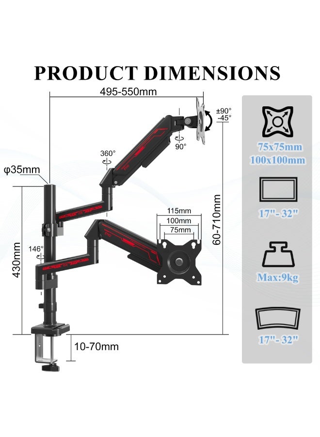 ETHU Dual Vertical Monitor Mount for 17-32 inch Screens, Height Adjustable Gas Spring Monitor Stand with 2 Arms, VESA 75x75/100x100, Each Arm Holds 2-9kg, C-Clamp and Grommet Base, Black - Image 2