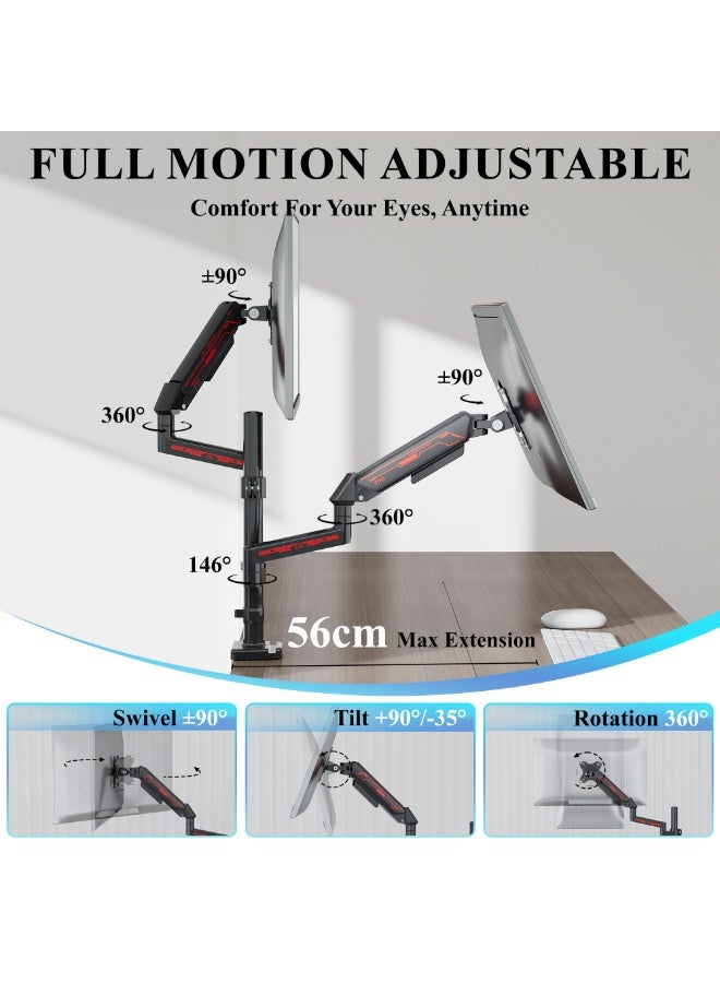 ETHU Dual Vertical Monitor Mount for 17-32 inch Screens, Height Adjustable Gas Spring Monitor Stand with 2 Arms, VESA 75x75/100x100, Each Arm Holds 2-9kg, C-Clamp and Grommet Base, Black - Image 4