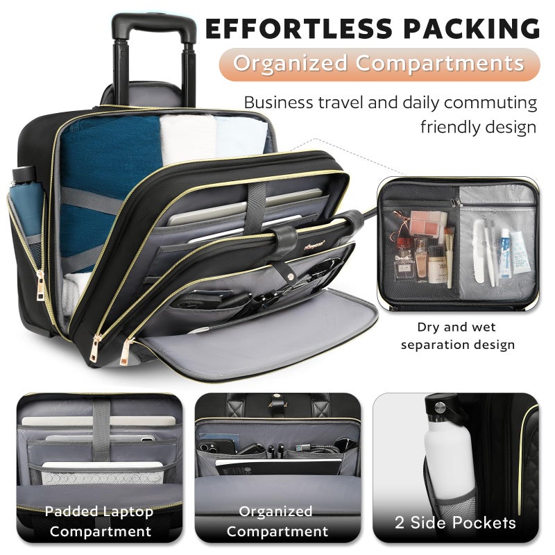 Arcoyard Rolling Laptop Bag Women, Rolling Briefcase for Women with Waterproof Pocket, 16 Inch Computer Bag, Underseat Carry On Luggage with Wheels for Work Travel Business, Lightweight Black - Image 3