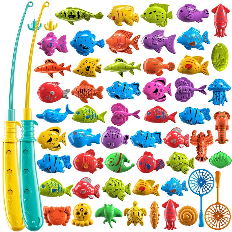 TEMI Fishing Toy Game for Kids 3 4 5 6 7 8 Years Old, 51 Fish Bath Playset for Toddlers, Toy Magnetic Rod and Fishing Net, Outdoor Water Toys for Kids Age 3-5, Party for Boy and Girl - Image 1