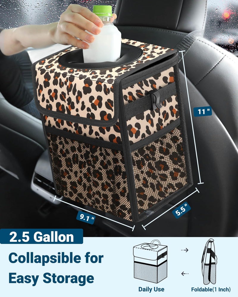 Capolo Car Trash Can with Lid, Leakproof Car Trash Bag Hanging Waterproof Automotive Garbage Can with Storage Pockets Mini Vehicle Trash Bin for Back/Front Seat(Leopard,2.5 Gallon) - Image 2
