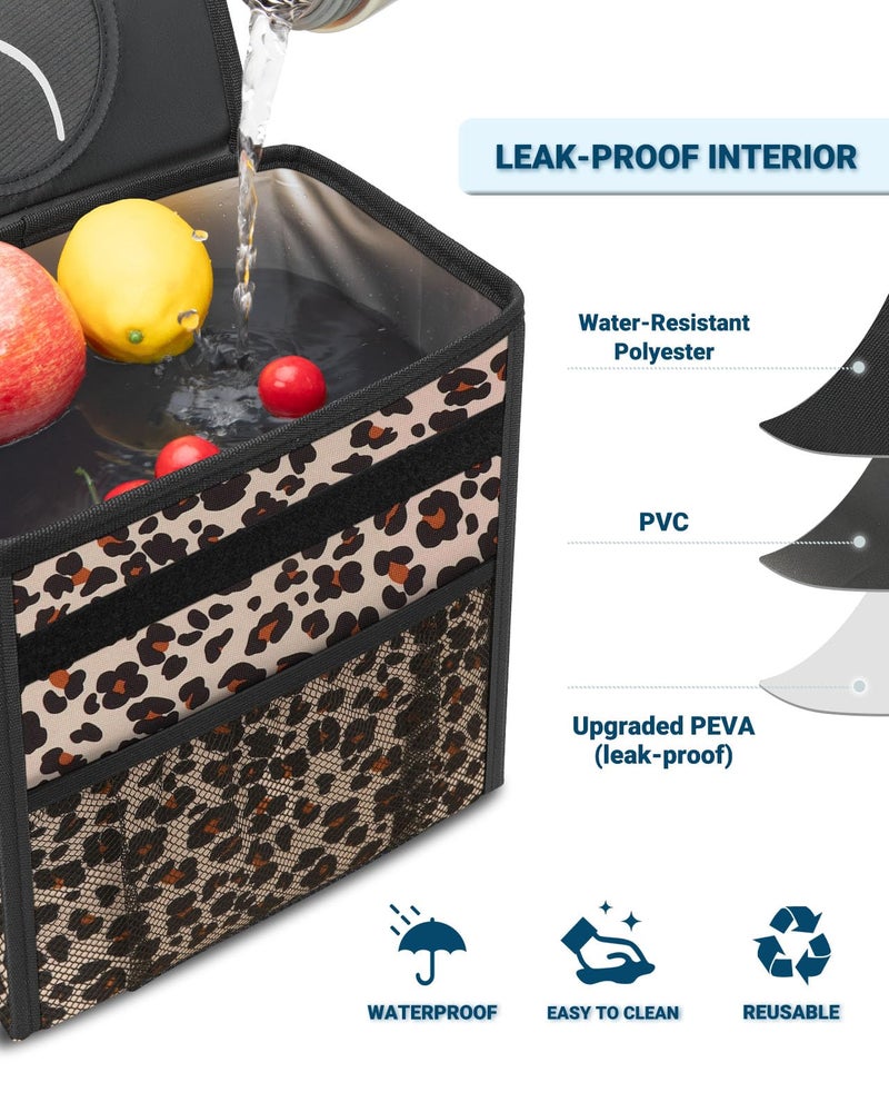 Capolo Car Trash Can with Lid, Leakproof Car Trash Bag Hanging Waterproof Automotive Garbage Can with Storage Pockets Mini Vehicle Trash Bin for Back/Front Seat(Leopard,2.5 Gallon) - Image 4