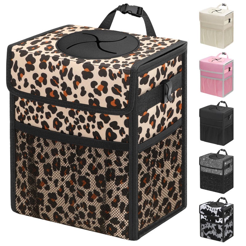 Capolo Car Trash Can with Lid, Leakproof Car Trash Bag Hanging Waterproof Automotive Garbage Can with Storage Pockets Mini Vehicle Trash Bin for Back/Front Seat(Leopard,2.5 Gallon) - Image 1