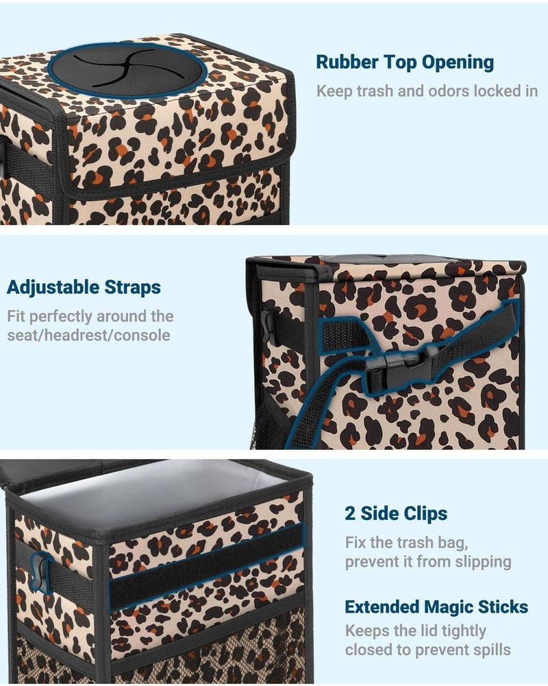 Capolo Car Trash Can with Lid, Leakproof Car Trash Bag Hanging Waterproof Automotive Garbage Can with Storage Pockets Mini Vehicle Trash Bin for Back/Front Seat(Leopard,2.5 Gallon) - Image 3