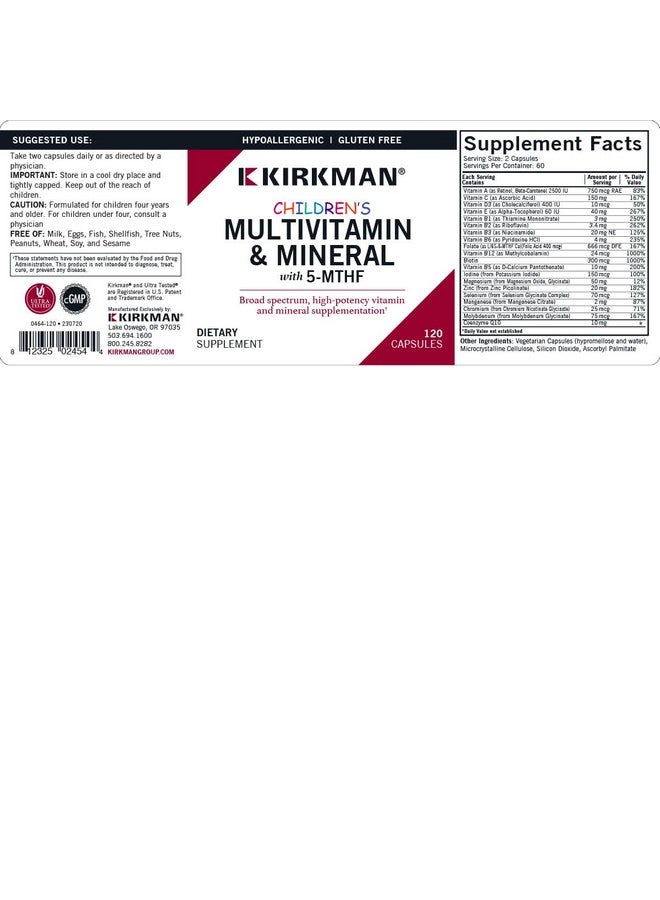 Kirkman - Children's Multivitamin & Mineral - 120 Capsules - with 5-MTHF - Potent Broad Spectrum Vitamin/Mineral Supplement - Hypoallergenic - Image 3
