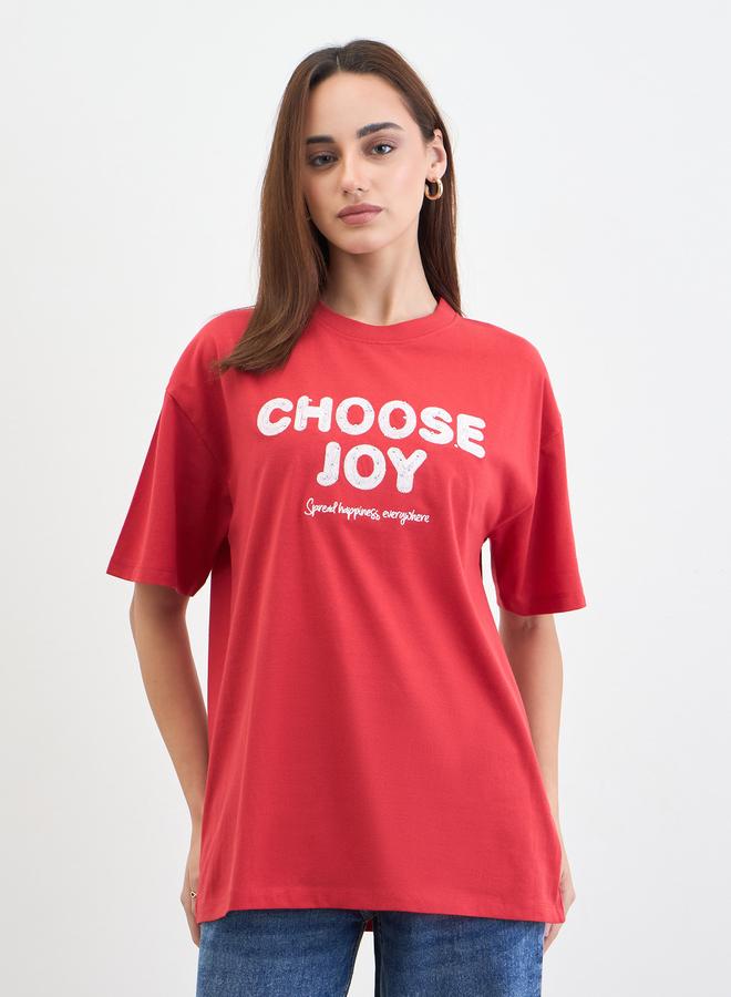 Styli Red Slogan Print Embellished Oversized T-Shirt - Image 1
