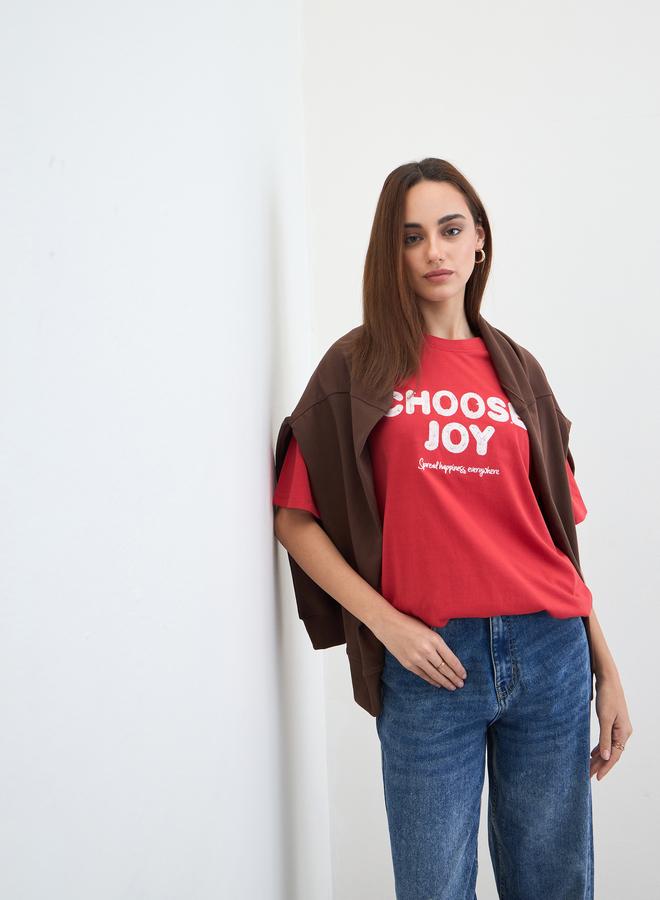 Styli Red Slogan Print Embellished Oversized T-Shirt - Image 4