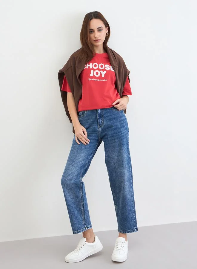 Styli Red Slogan Print Embellished Oversized T-Shirt