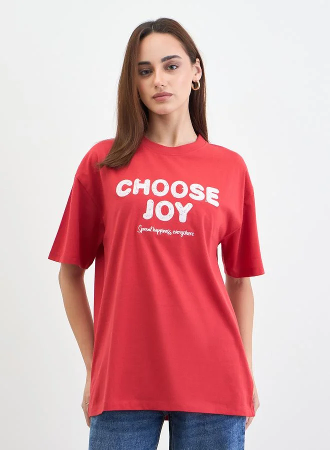 Styli Red Slogan Print Embellished Oversized T-Shirt