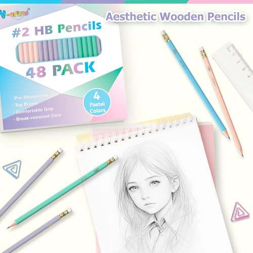 V-Opitos Wood-Cased #2 HB Pencils, 48 Pack Pre-Sharpened Pencils with Top Erasers, Bulk Pastel Color Pencils for School Teacher Supplies, Writing, Drawing and Sketching - Image 2