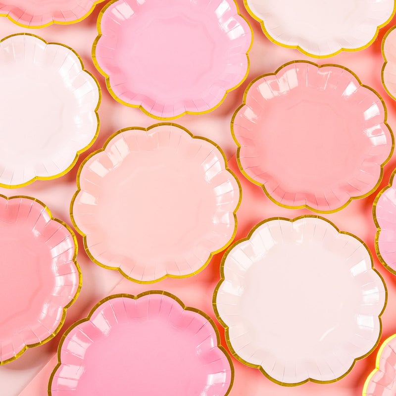 AimFun 48 Pcs Pink Party Plates Gradient Pink Dessert Paper Plates 7inch Gold Foil Scalloped Edge Disposable Cake Plates for Valentines Day Birthday Bridal Baby Shower Wedding Party Supplies - Image 4