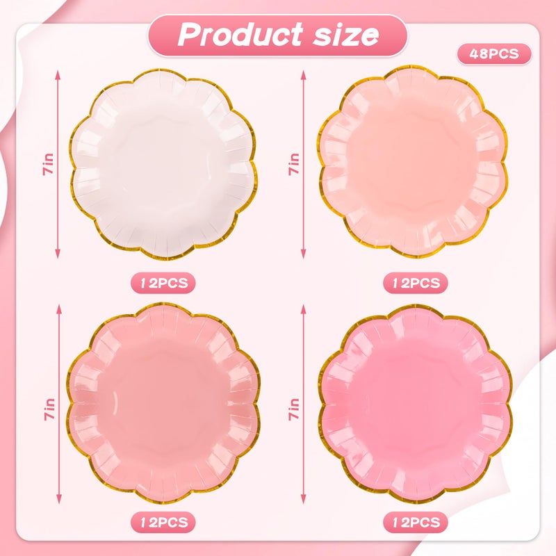 AimFun 48 Pcs Pink Party Plates Gradient Pink Dessert Paper Plates 7inch Gold Foil Scalloped Edge Disposable Cake Plates for Valentines Day Birthday Bridal Baby Shower Wedding Party Supplies - Image 2