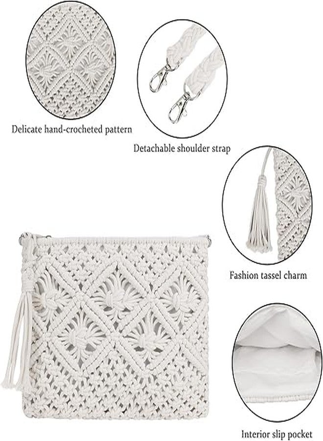 PARAH Women Crochet Shoulder Bag Handmade Woven Beach Crossbody Handbag Satchel Purse With Tassel For Summer (Square - White) - Image 3