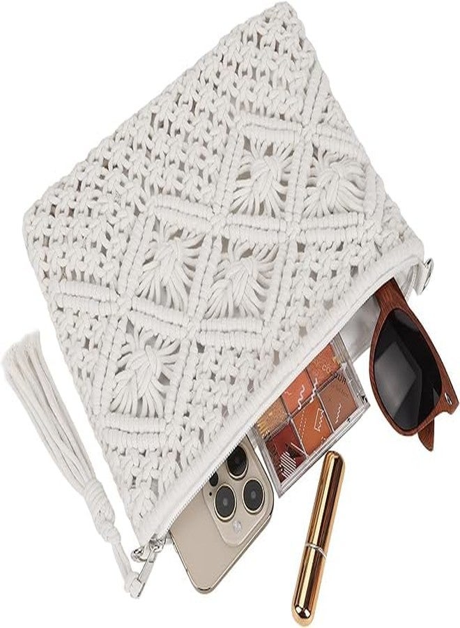 PARAH Women Crochet Shoulder Bag Handmade Woven Beach Crossbody Handbag Satchel Purse With Tassel For Summer (Square - White) - Image 4