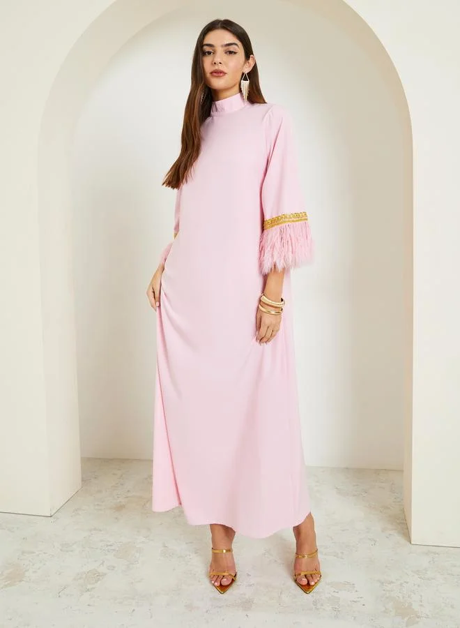 Amirah Faux Feather Trim Jalabiya with Lace Detail