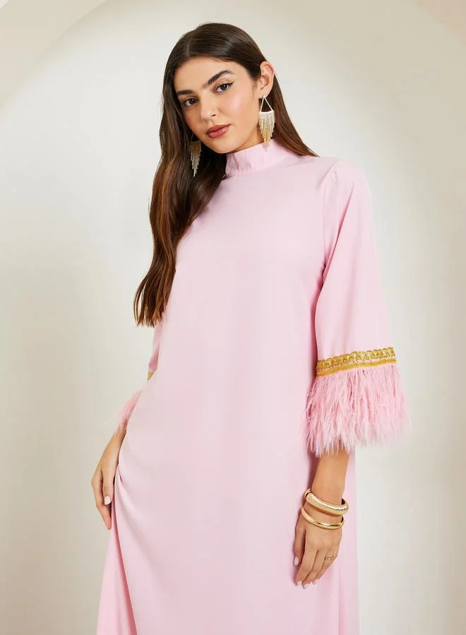 Amirah Faux Feather Trim Jalabiya with Lace Detail