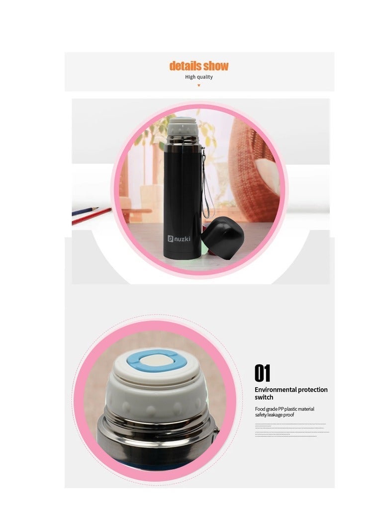 نوزكي ستيل - زجاجة مياه (500 مل) قارورة فولاذية معزولة بالفراغ، مقاومة للتسرب، خالية من مادة BPA، مج حراري مزدوج الجدار للقهوة للمشروبات الساخنة أو الباردة - Image 3