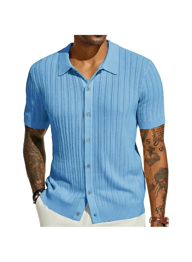 NIBEMINENT Summer Short Sleeve Men's Polo Shirts Fashion Solid Striped Loose Cardigan Turn Down Collar Shirt Male Casual Knitted Polos Top - Image 1