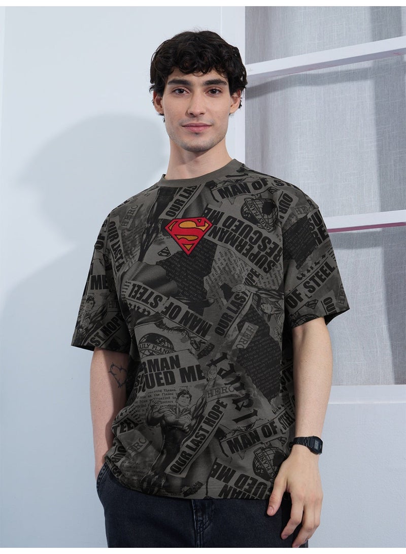 The Souled Store Superman: Men and Boys Short Sleeves Round Neck Grey Graphic Printed Cotton Oversized T-Shirts - Image 1
