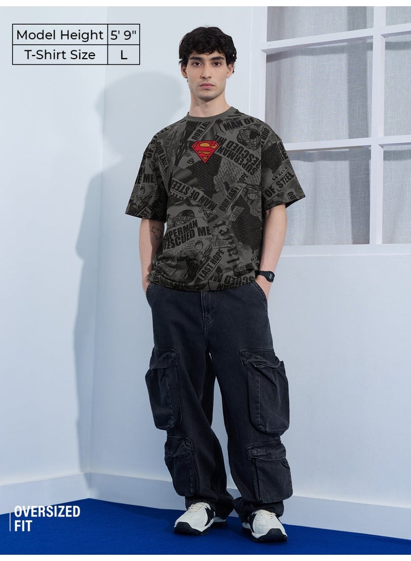 The Souled Store Superman: Men and Boys Short Sleeves Round Neck Grey Graphic Printed Cotton Oversized T-Shirts - Image 3