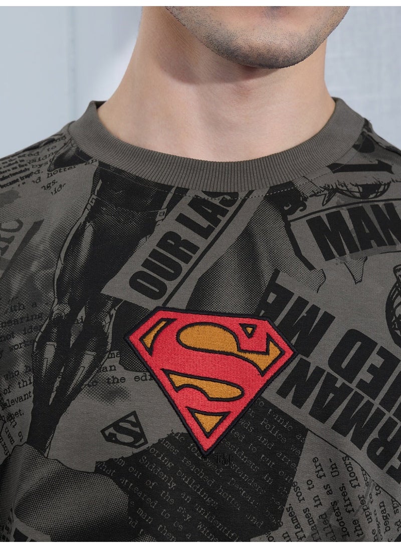 The Souled Store Superman: Men and Boys Short Sleeves Round Neck Grey Graphic Printed Cotton Oversized T-Shirts - Image 2
