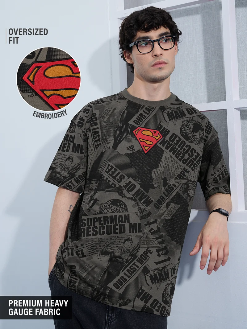 The Souled Store Superman: Men and Boys Short Sleeves Round Neck Grey Graphic Printed Cotton Oversized T-Shirts