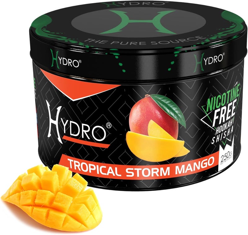 Hydro نكهات الشيشة، خالية من النيكوتين - خلطات نكهة الشيشة المميزة، نكهات شيشة لذيذة خالية من النيكوتين والتبغ، بديل لتبغ الشيشة، 250غ [عاصفة استوائية - مانجو] - Image 1