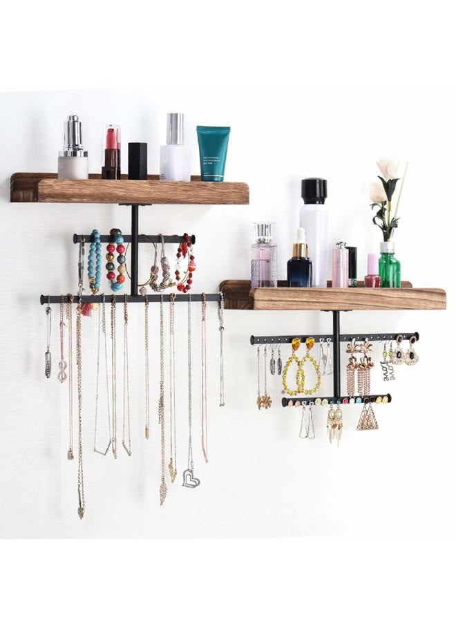 Keebofly Hanging Wall Mounted Jewelry Organizer with Rustic Wood Jewelry Holder Display for Necklaces Bracelet Earrings Ring Set of 2 Carbonized Black,[Patented] - Image 1