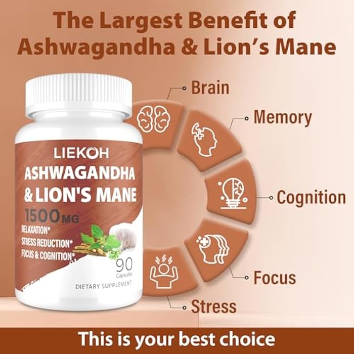 Liekoh Ashwagandha & Lions Mane Supplement Capsules, Brain Supplements for Memory and Focus, Ashwagandha Supplement with Rhodiola & Black Peppe, Cortisol Supplements for Women & Men,90 Caps - Image 5