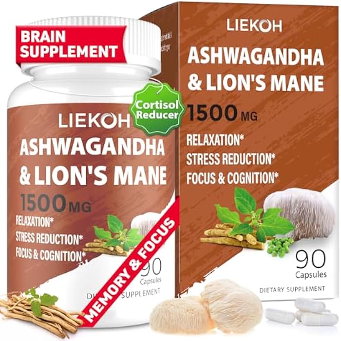 Liekoh Ashwagandha & Lions Mane Supplement Capsules, Brain Supplements for Memory and Focus, Ashwagandha Supplement with Rhodiola & Black Peppe, Cortisol Supplements for Women & Men,90 Caps - Image 1