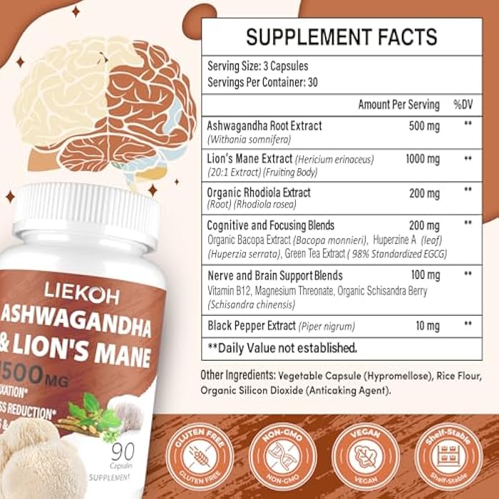Liekoh Ashwagandha & Lions Mane Supplement Capsules, Brain Supplements for Memory and Focus, Ashwagandha Supplement with Rhodiola & Black Peppe, Cortisol Supplements for Women & Men,90 Caps - Image 2
