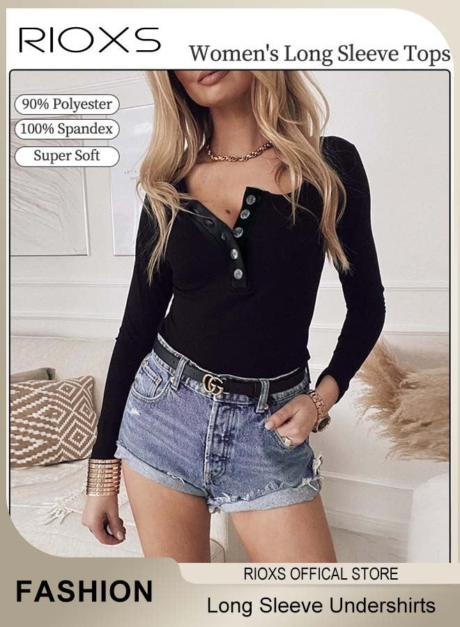 ريوكس قمصان نسائية بياقة مربعة وأكمام طويلة، مريحة على البشرة وضيقة القصة، قمصان ناعمة ومطاطية بأزرار، قمصان داخلية كلاسيكية وبسيطة بقصّة ضيقة للسيدات، قمصان تونيك بألوان صلبة لفصلي الربيع والخريف والشتاء للارتداء غير الرسمي، في الشارع، يوميًا، في المكتب، في العمل، في الإجازة والمزيد، باللون الأسود - Image 2
