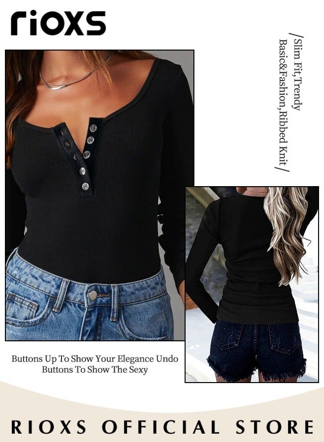 ريوكس قمصان نسائية بياقة مربعة وأكمام طويلة، مريحة على البشرة وضيقة القصة، قمصان ناعمة ومطاطية بأزرار، قمصان داخلية كلاسيكية وبسيطة بقصّة ضيقة للسيدات، قمصان تونيك بألوان صلبة لفصلي الربيع والخريف والشتاء للارتداء غير الرسمي، في الشارع، يوميًا، في المكتب، في العمل، في الإجازة والمزيد، باللون الأسود - Image 3